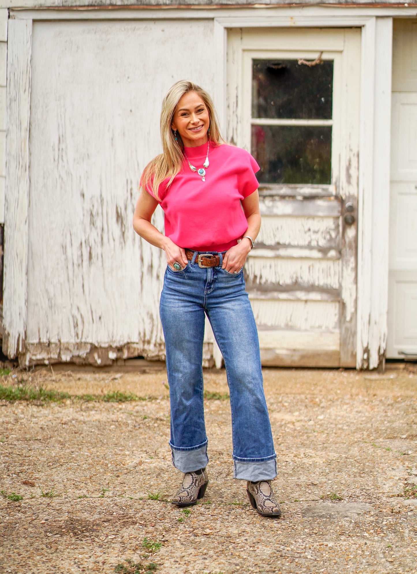 Hot Pink Mock Neck Short Sleeve