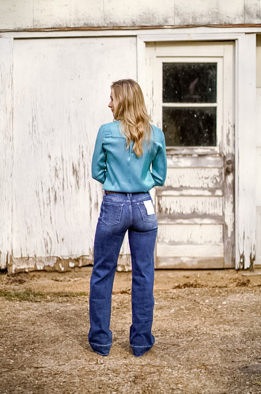 Lovervet By Vervet- High Rise Dark Wash Trouser Hem Wide Jeans