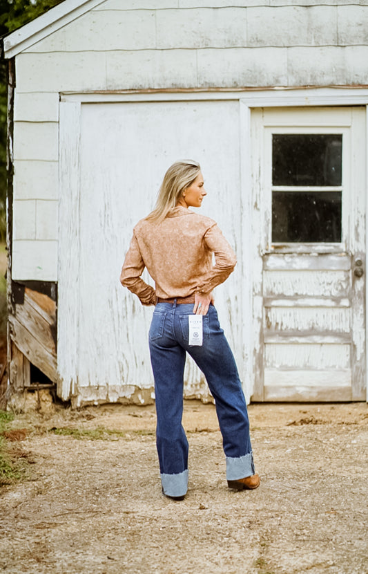 Risen- Mid Rise Wide Straight Jeans With Wide Cuff