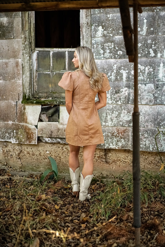 Puff Sleeve Suede Dress - Camel