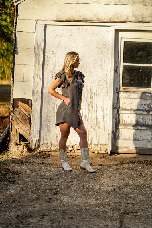 Button Down Ruffle Sleeve Dress - Washed Black Denim