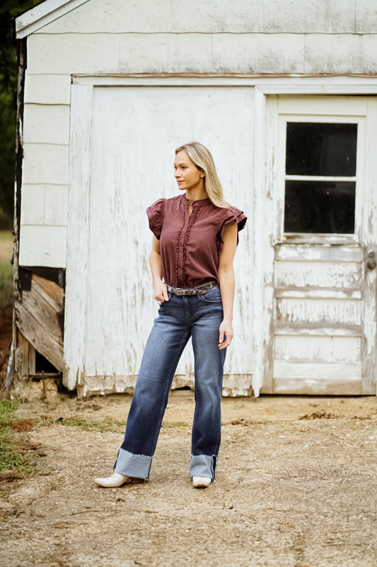 Button Down Ruffle Sleeve Blouse - Wine