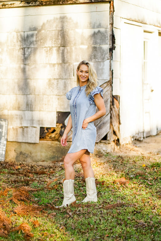 Button Down Ruffle Sleeve Dress - Denim