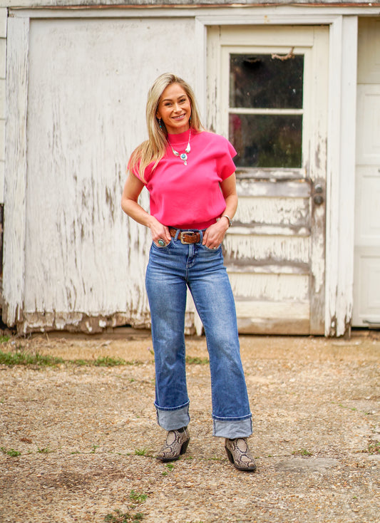 Hot Pink Mock Neck Short Sleeve