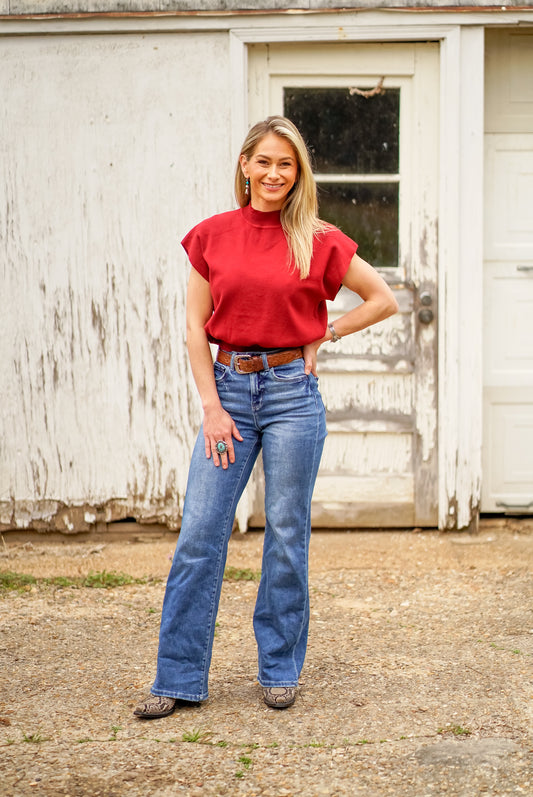 Merlot Wine Mock Neck Short Sleeve