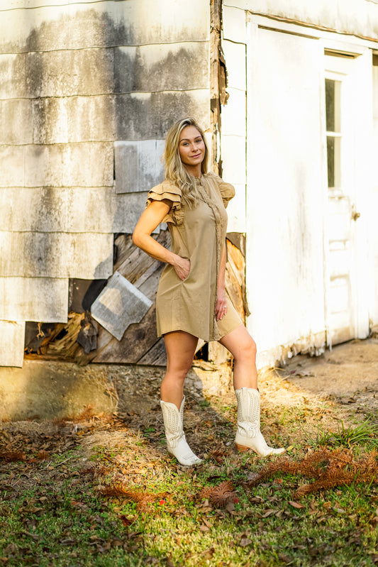 Button Down Ruffle Sleeve Dress - CoCo