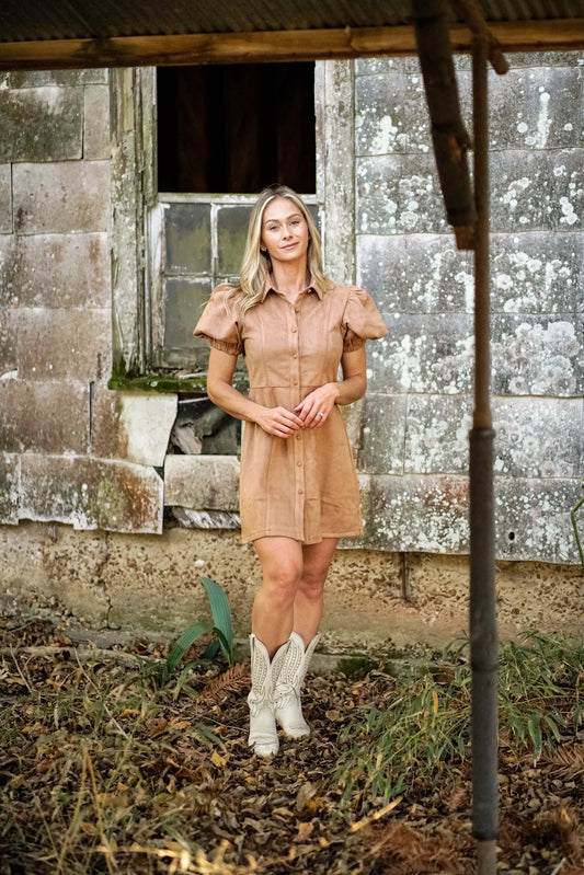Puff Sleeve Suede Dress - Camel