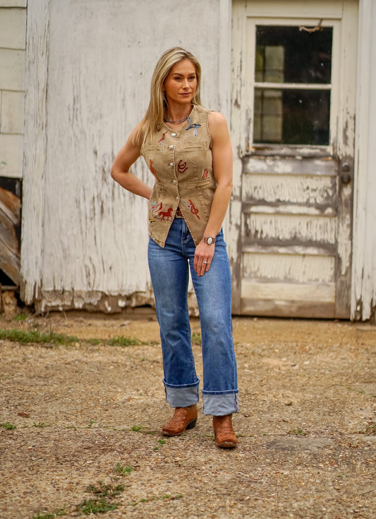 Western Motif Embroidery Denim Vest